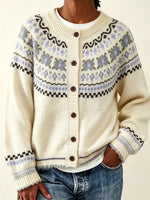 Women Fair Isle Floral Jacquard Round Neck Button‑Down Knit Cardigan