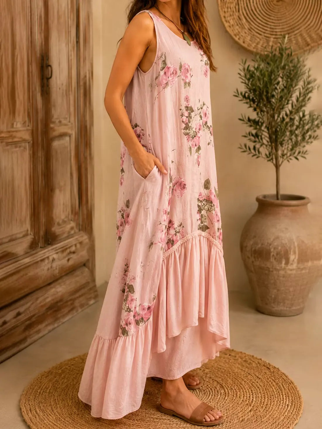Women's High-Low Floral Tank Maxi Dress