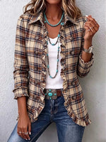 Retro Plaid Pattern Art Print Ruffle Casual Stylish Cotton Lapel Coat