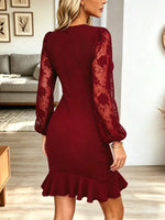 Retro Floral Lace Patchwork Ruffle Art Casual Stylish Long Sleeve Mini Dress