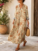 Retro Floral Pattern Art Print Casual V-neck Long Sleeve Cotton Linen Maxi Dress