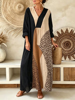 Women’s Black Khaki Color Block Leopard Geometric Spliced Print V-Neck Loose Vacation Maxi Dress