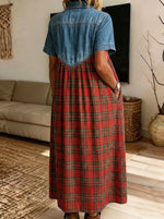 Women Denim Red Plaid Midi Dress Collared Short Sleeve Partial Button Loose Dress With Pockets