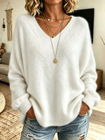 Women V‑Neck Fuzzy Plush Oversized Long Sleeve Knit Sweater