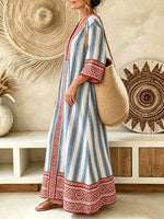 Women’s Blue White Vertical Stripe Ethnic Geometric Print V-Neck Loose Maxi Vacation Dress