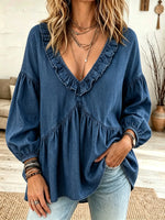 Women's Ruffled V-Neck Babydoll Denim Blouse