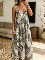 Women Vintage Geometric Floral Plaid V-neck Slip Maxi Dress