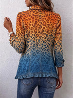 Retro Leopard Pattern Art Print Ruffle Casual Stylish Cotton Lapel Coat