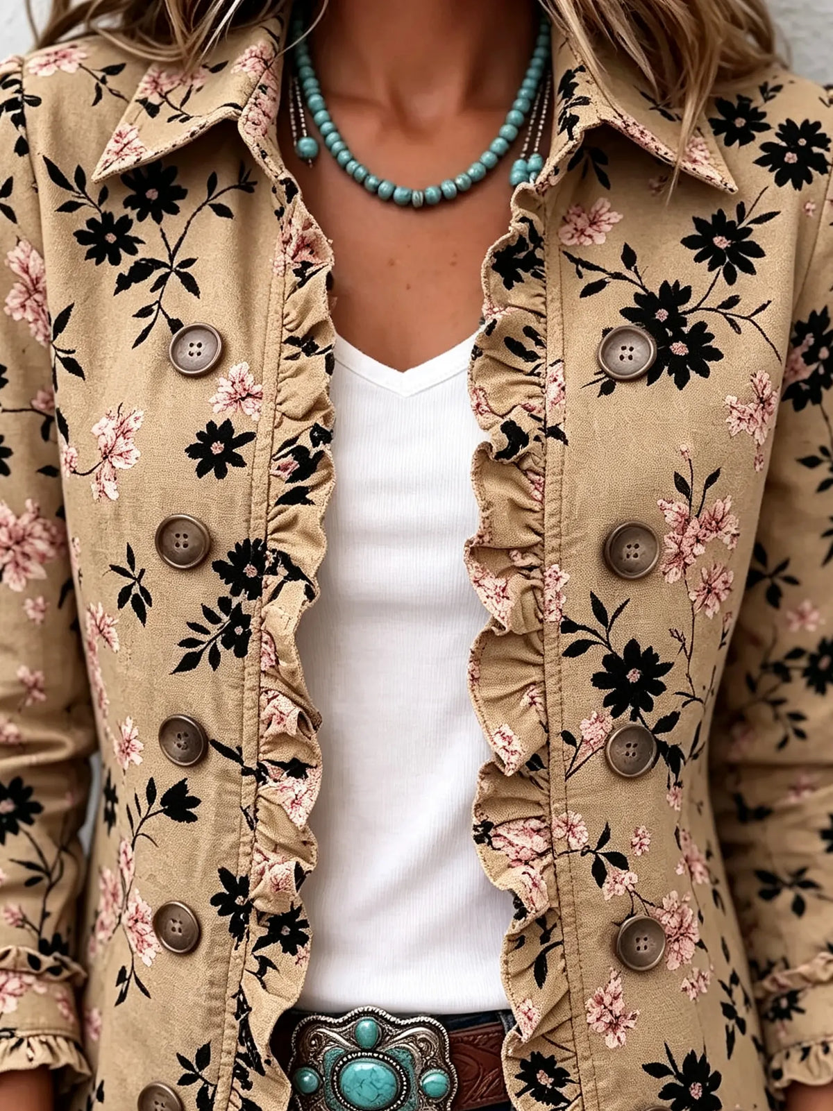 Women's Pastoral Cherry Blossom Floral Print Ruffle Lapel Casual Blazer Jacket
