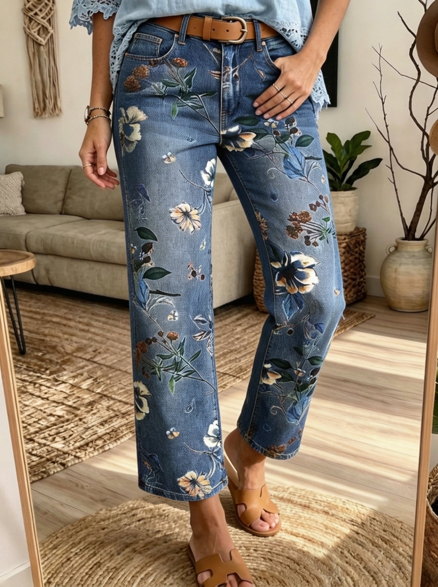 Vintage Floral Print Cropped Flare Jeans For Women