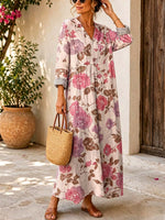 Retro Floral Pattern Art Print Casual V-neck Long Sleeve Cotton Linen Maxi Dress