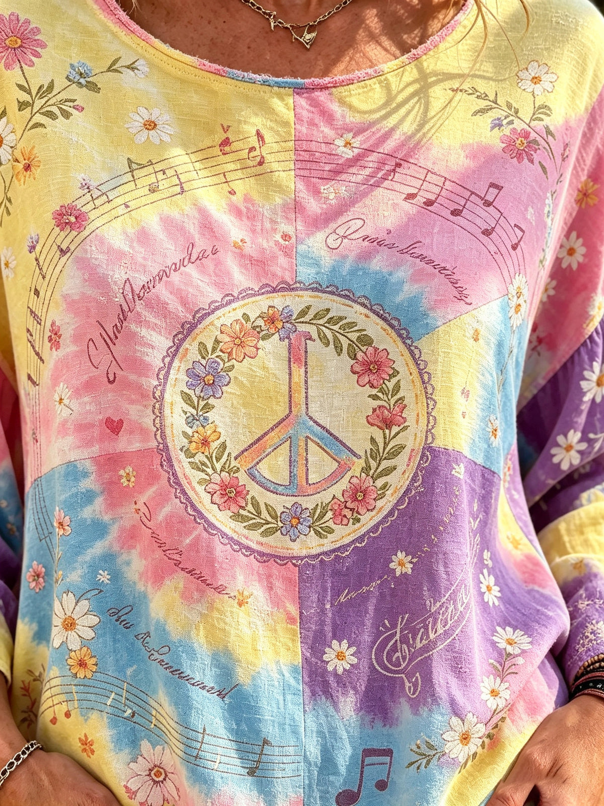 Women's Tie-Dye Peace Music Print Blouse