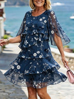 Women’s Navy Floral Print Split Flare Sleeve Tiered Ruffle Chiffon Dress