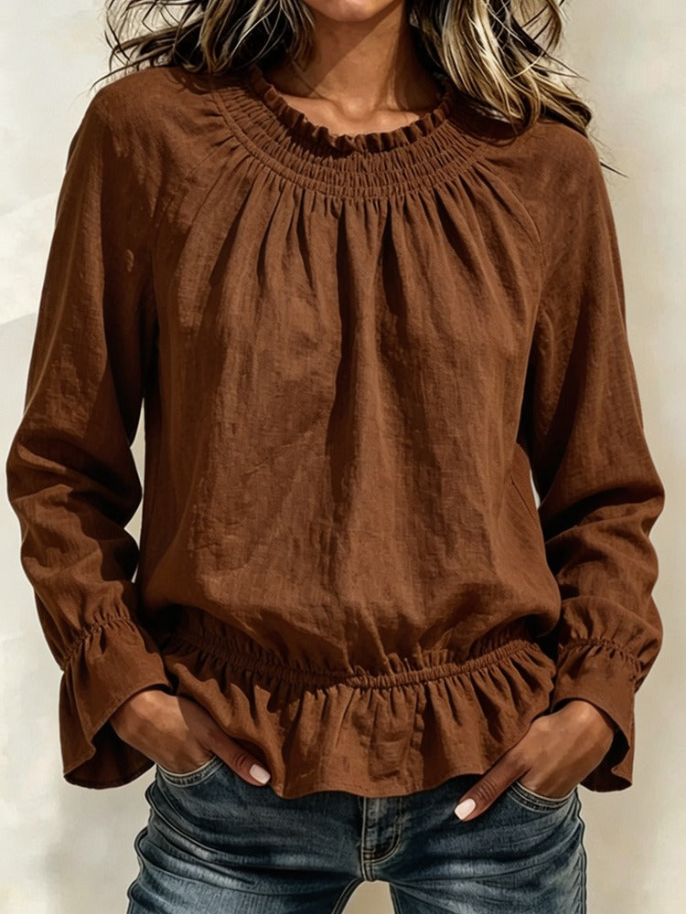 Women's Smocked Neck Ruffle Hem Blouse