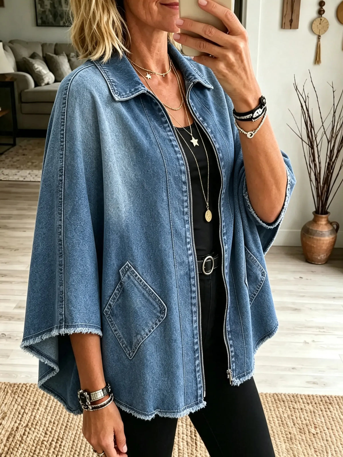 Women's Raw Hem Denim Poncho Jacket