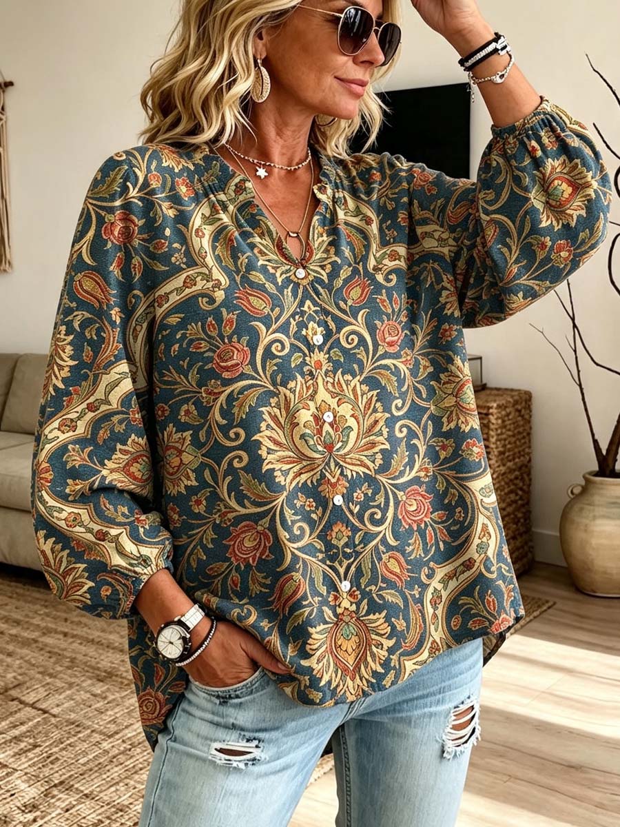 Retro Floral Pattern Art Print Casual Long Sleeve Cotton Linen Shirt