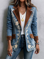 Women's Floral Suede Trim Denim Blazer