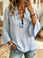 Women's Striped Ruffle V-Neck Blouse