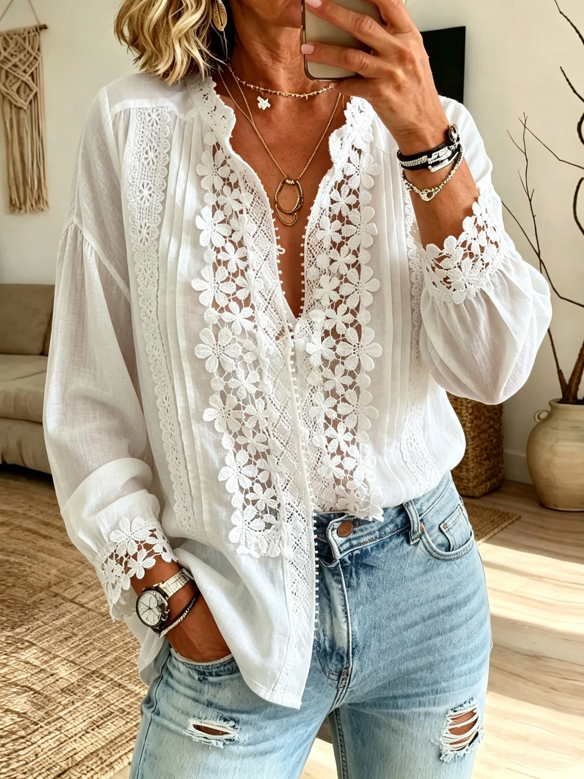 Women's Lace Inset Pintuck Blouse