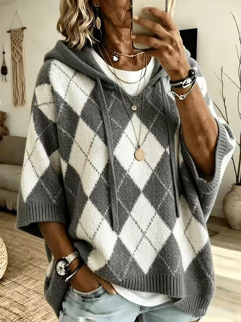 Women Argyle Diamond Pattern Hooded Half‑Sleeve Knit Sweater