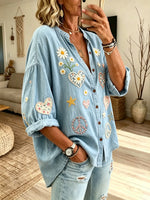 Women's Heart Star Peace Symbol Print Denim Shirt
