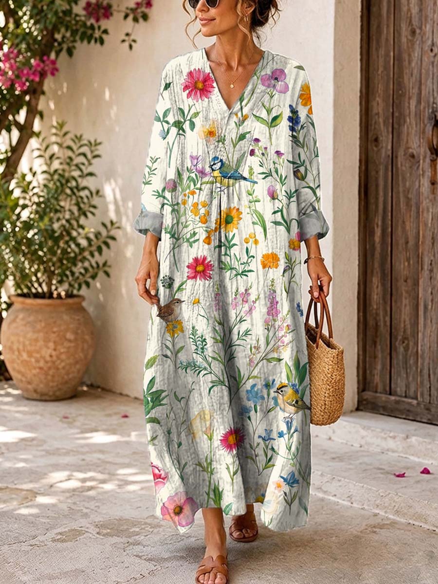 Retro Floral Birds Pattern Art Print Casual V-neck Long Sleeve Cotton Linen Maxi Dress