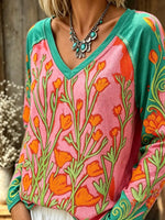 Women's Colorful Floral Print V-Neck Raglan Long Sleeve Top