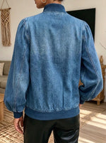 Women Cropped Denim Jacket Puff Sleeve Zip‑Up Stand Collar Casual Outerwear