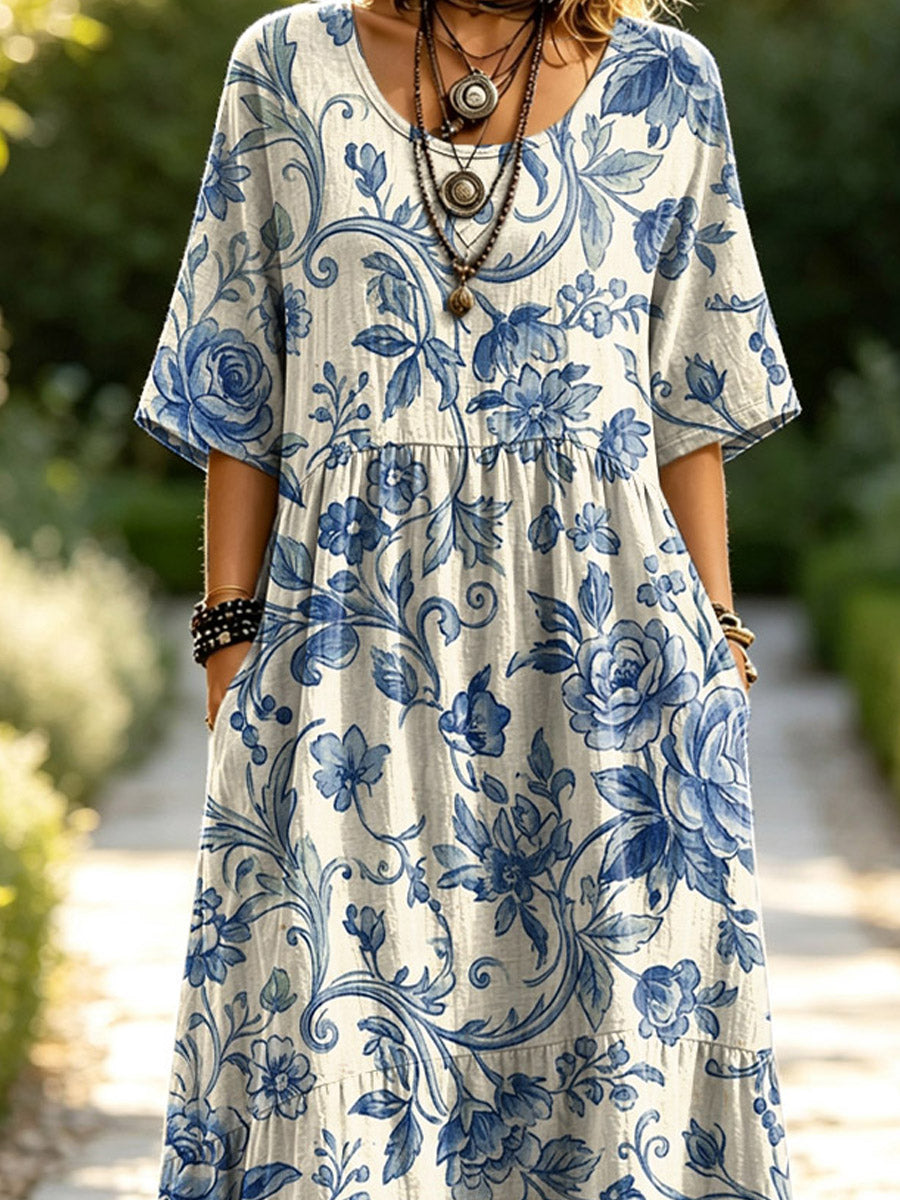 Women's Floral Pattern Art Print Casual Short Sleeve Linen Dress