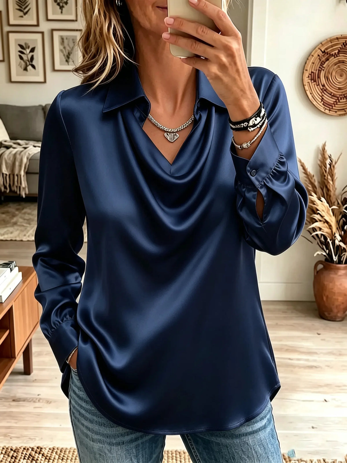 Women's Cowl Neck Collared Satin Blouse