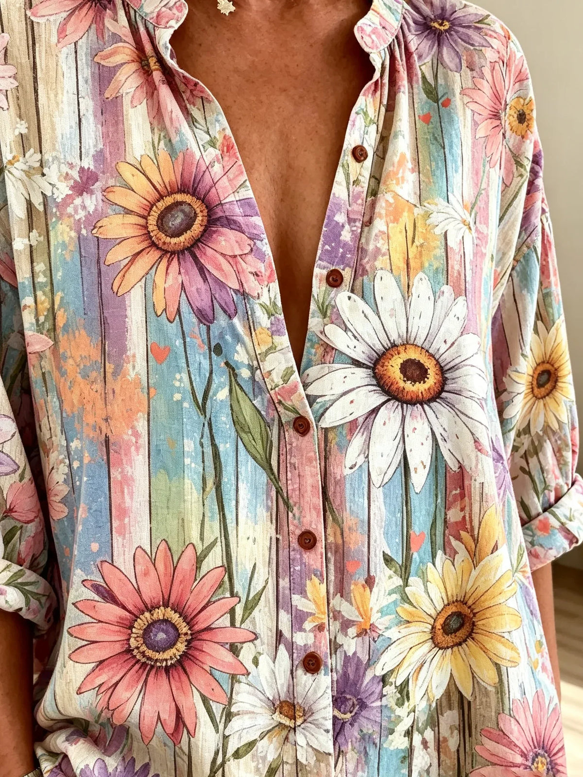 Women's Rainbow Daisy Watercolor Floral Print Collared Loose Shirt