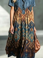 Retro Ethnic Geometric Pattern Art Print Casual Stylish Lapel Denim Patchwork Dress