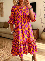 Women Leopard Print Ruffle Midi Dress Casual Loose Pocket Summer Dress