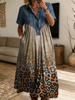 Women’s Denim Spliced Gradient Leopard Print Loose Midi Dress With Pockets