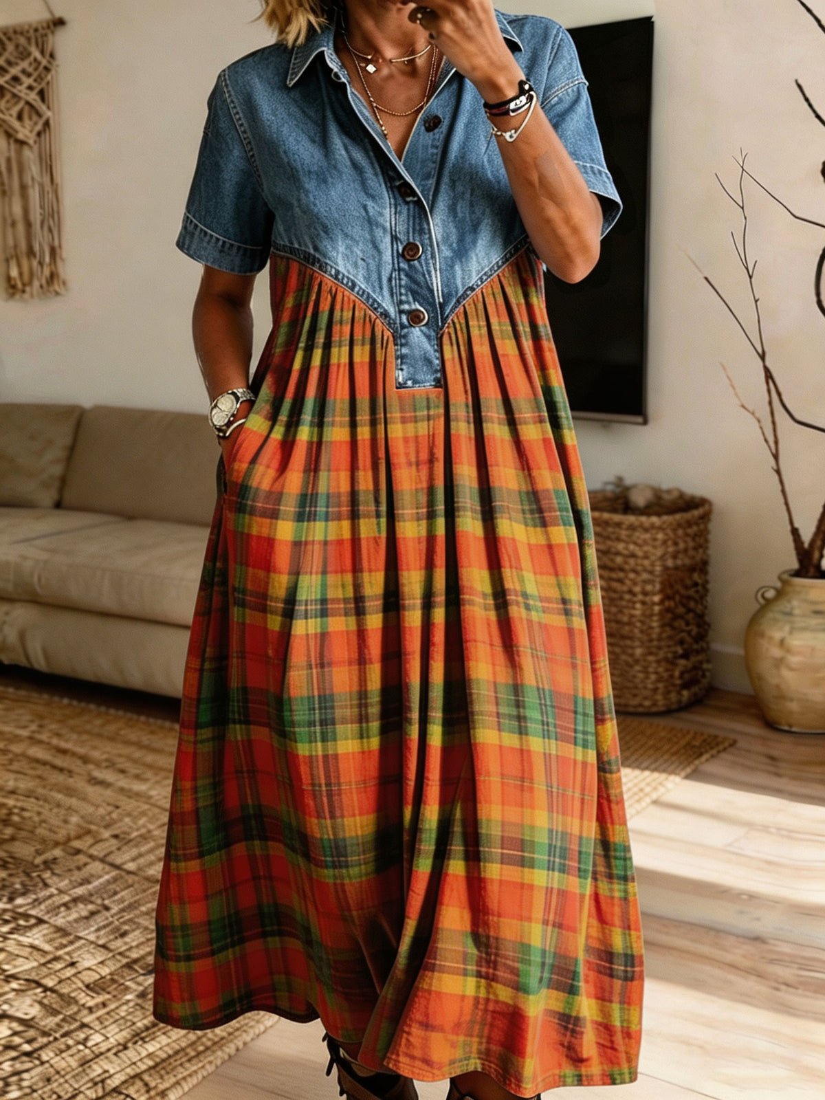 Women Denim Orange Plaid Midi Dress Collared Short Sleeve Partial Button Loose Dress With Pockets