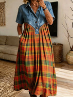 Women Denim Orange Plaid Midi Dress Collared Short Sleeve Partial Button Loose Dress With Pockets