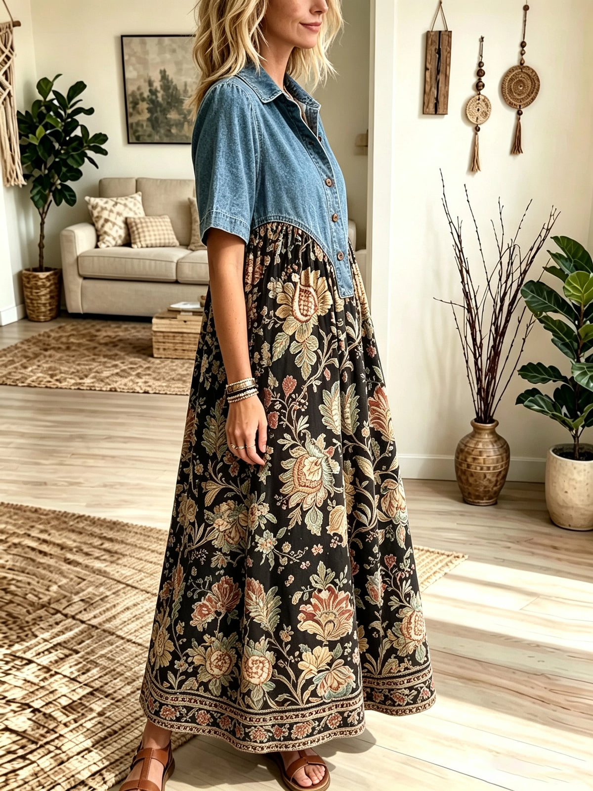 Women's Denim Yoke Floral Maxi Dress