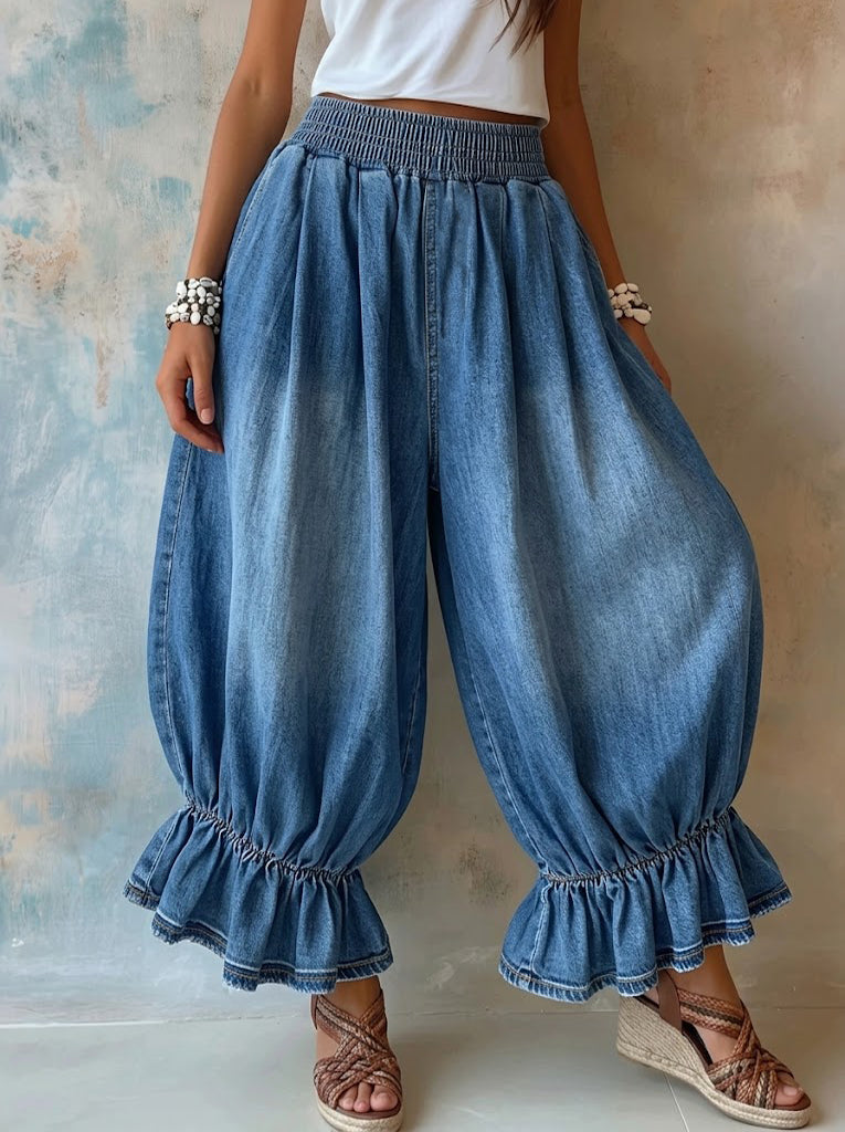 Retro Boho Ruffle Hem Denim Lantern Pants - Elastic High Waist Baggy Jeans