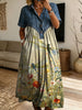 Women’s Denim Spliced Dragonfly Wildflower Print Shirt Midi Dress With Pockets