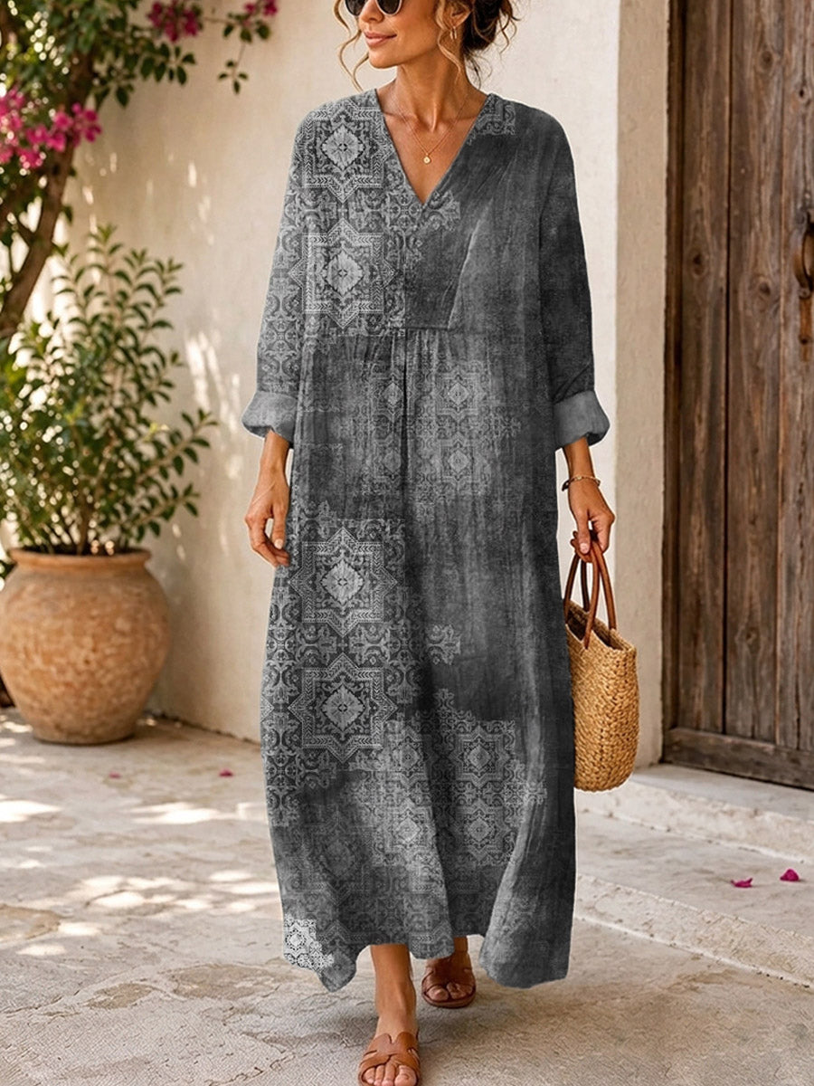 Retro Ethnic Pattern Art Print Casual V-neck Long Sleeve Cotton Linen Maxi Dress