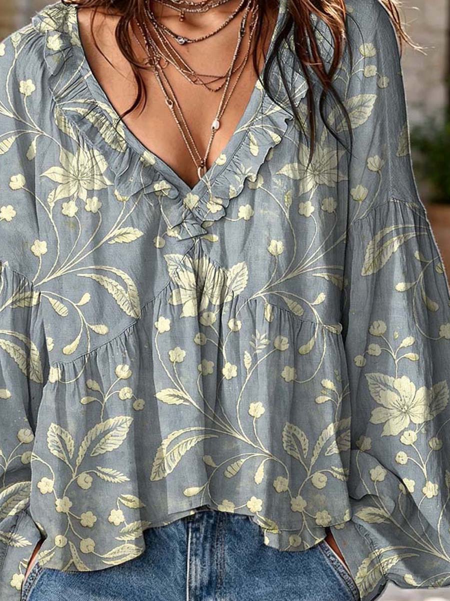 Women's Floral Pattern Art Print Ruffle Casual Long Sleeve Cotton Linen Shirt