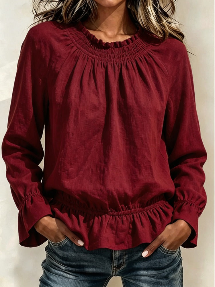 Women's Smocked Neck Ruffle Hem Blouse