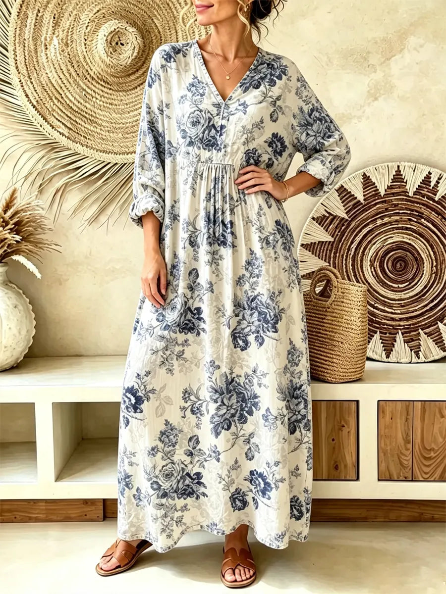 Retro Floral Pattern Art Print Casual V-neck Cotton Linen Maxi Dress