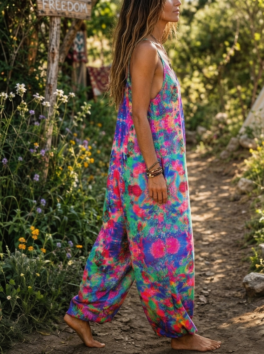 Women’s Colorful Abstract Watercolor Print Spaghetti Strap Boho Harem Jumpsuit With Pockets