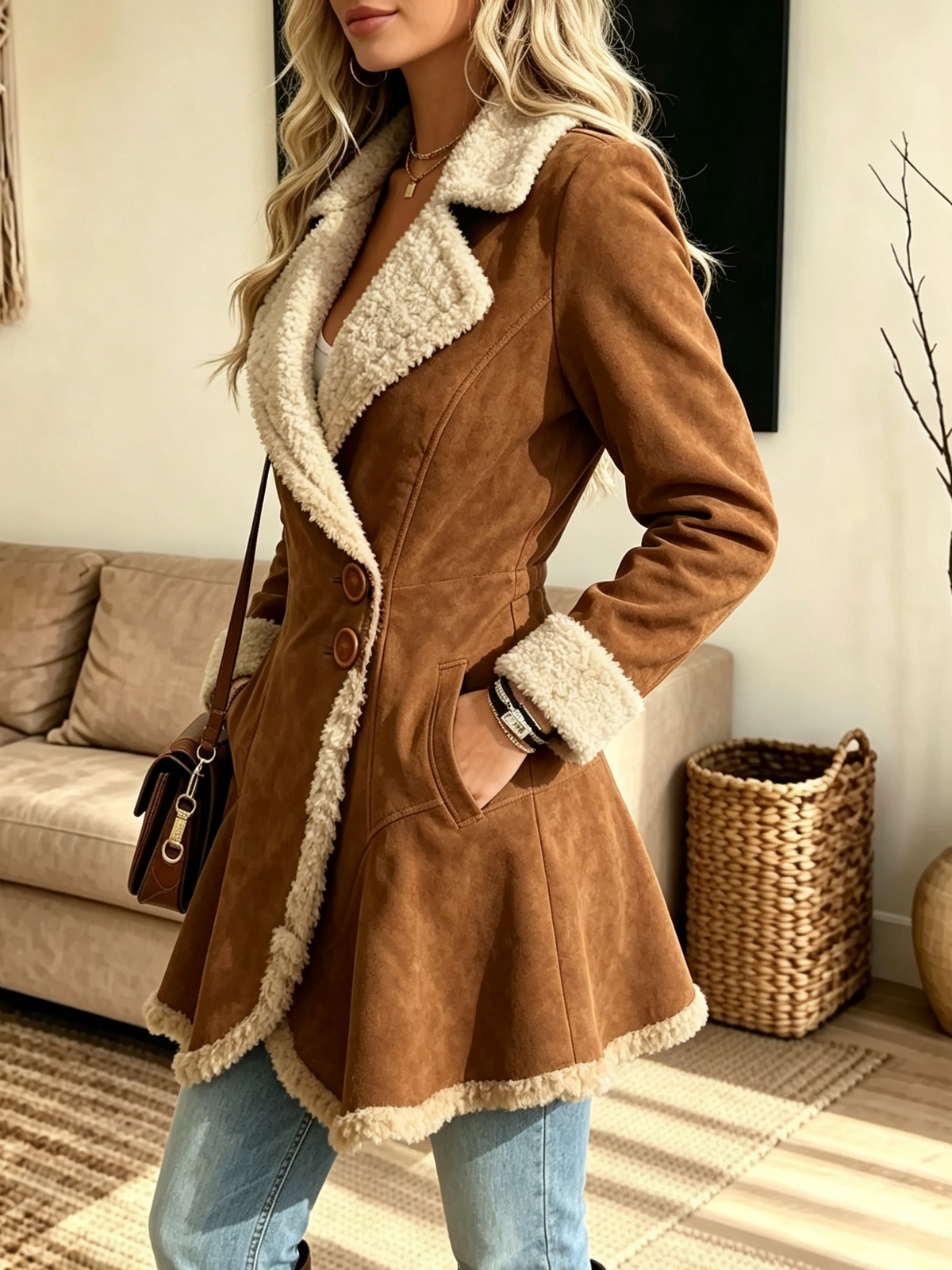 Women's Sherpa Trimmed Suede Asymmetrical Coat