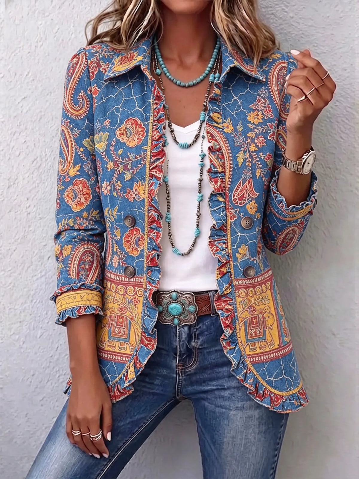 Women's Vintage Paisley Floral Print Ruffle Lapel Casual Blazer Jacket
