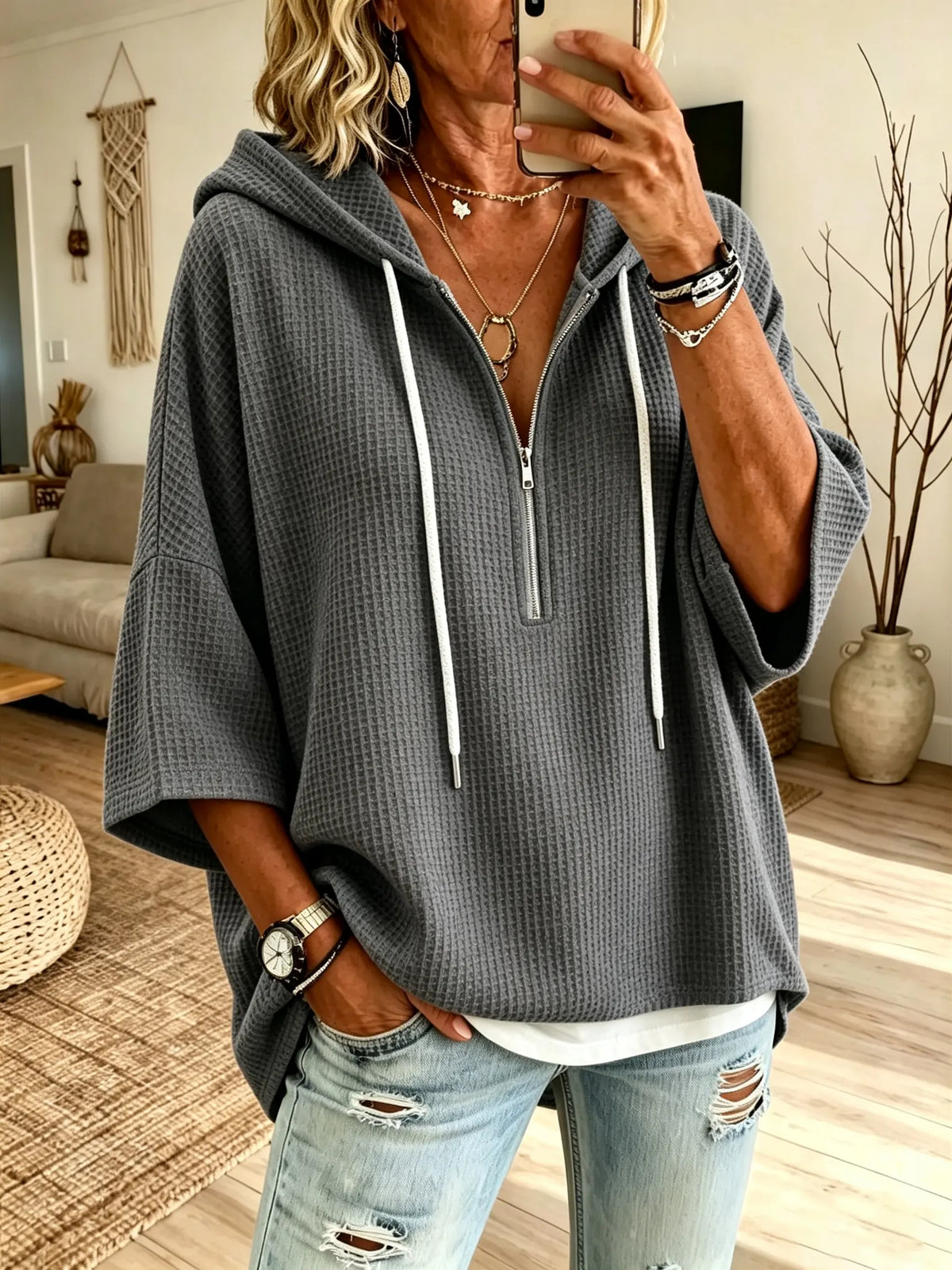 Women's Solid Waffle Knit Half Zip Hooded Short Sleeve Top