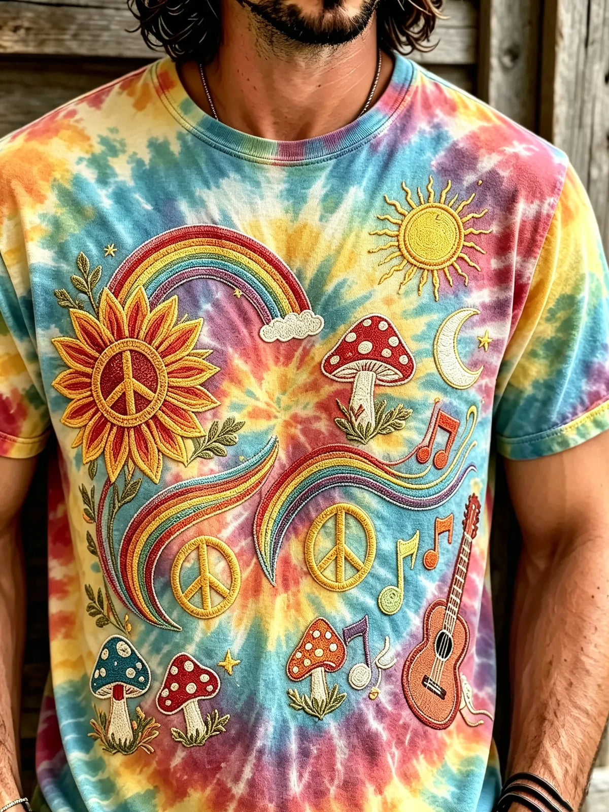 Men Rainbow Tie Dye Hippie Element Print Short Sleeve T-Shirt