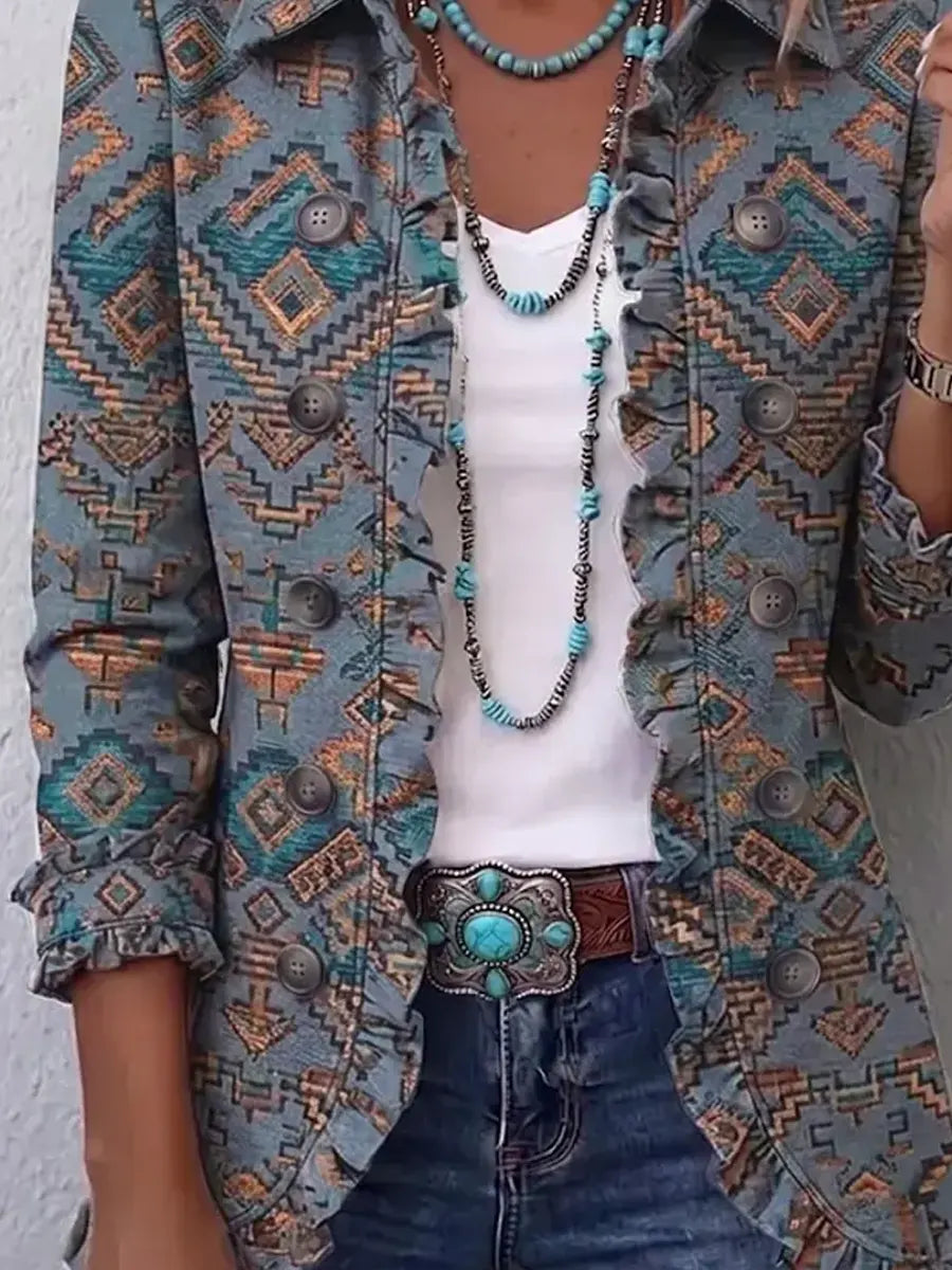 Retro Ethnic Pattern Art Print Ruffle Casual Stylish Cotton Lapel Coat