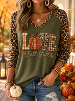 Women Hello Fall Ghost Pumpkin Spice Plaid Raglan Long Sleeve V‑Neck T‑Shirt
